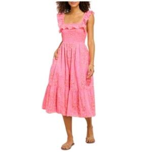 Vineyard Vines Smocked Midi Dress Womens L Neon Bright Pink Orange Resort Travel